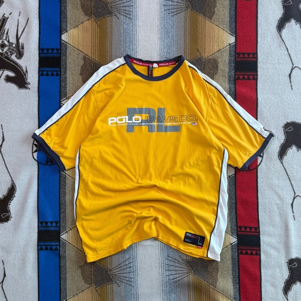 Polo Jeans Co Ralph Lauren Mens Large Yellow Racing Stripe Graphic T-Shirt RL